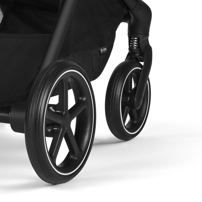 An image of the CYBEX Gold Eos and Aton G Travel System Stroller, highlighting the Front Wheel Suspension feature.