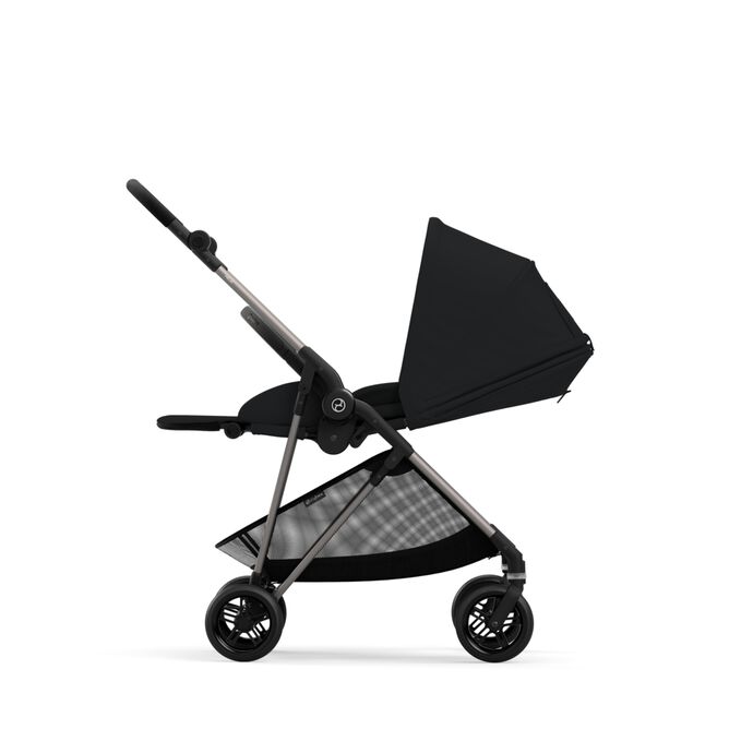 An image of the CYBEX Gold Melio Stroller, highlighting the One-hand recline feature.