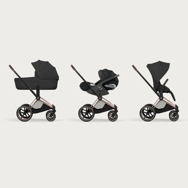 An image of the CYBEX Platinum Priam Frame - Style Collection Stroller, highlighting the Travel System Ready feature.
