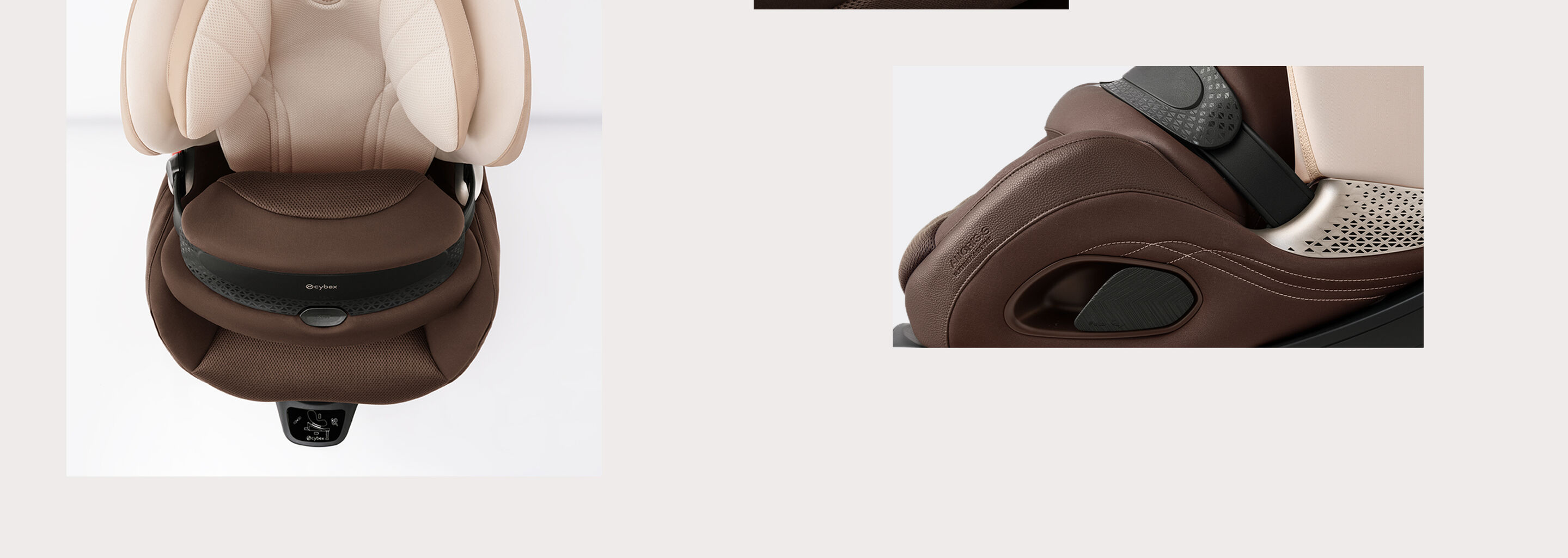 Side view on the Anoris S Airbag car seat with faux leather parts in brown and close ups of champaign colored faux leather parts and of the impact shield of an Anoris S Airbag car seat.