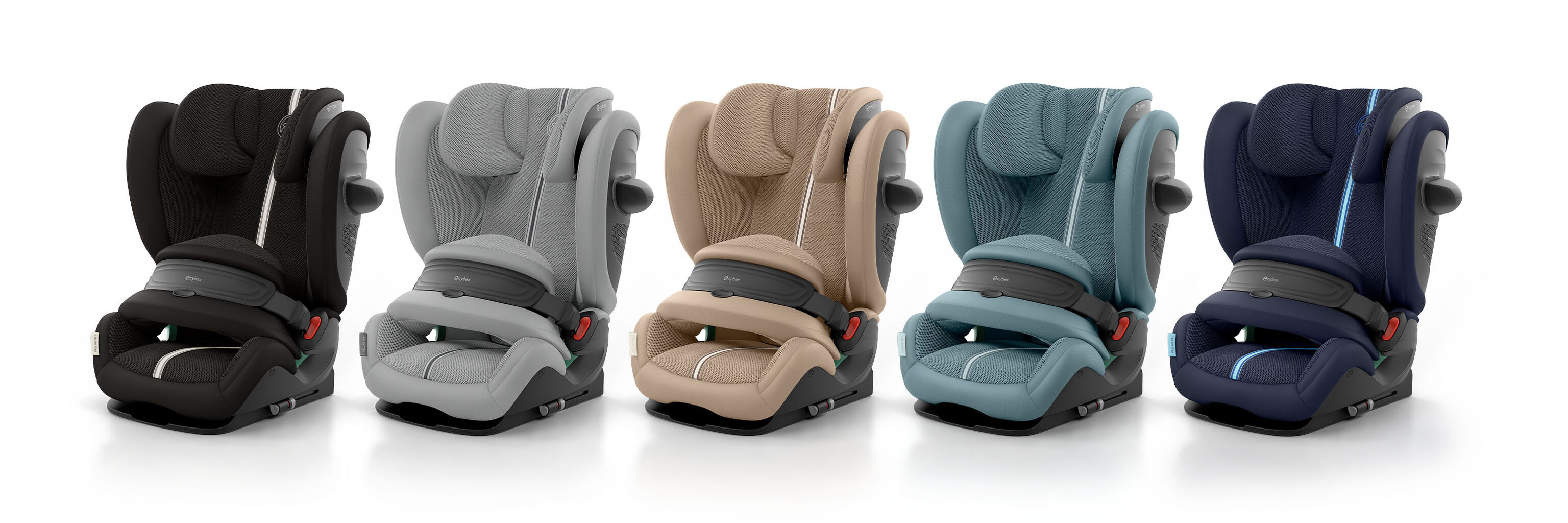 5 Pallas G3 Kindersitze in verschiedenen Farben nebeneinander.