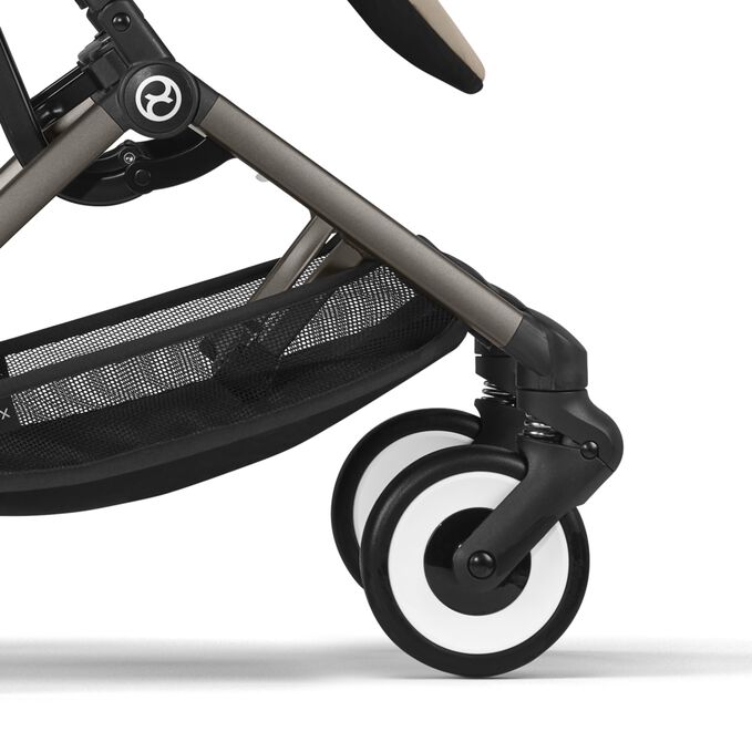 An image of the CYBEX Gold Libelle Buggy, highlighting the Smooth Front-wheel Suspension feature.