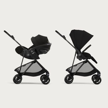 An image of the CYBEX Gold Melio Carbon Stroller, highlighting the Travel System Ready feature.