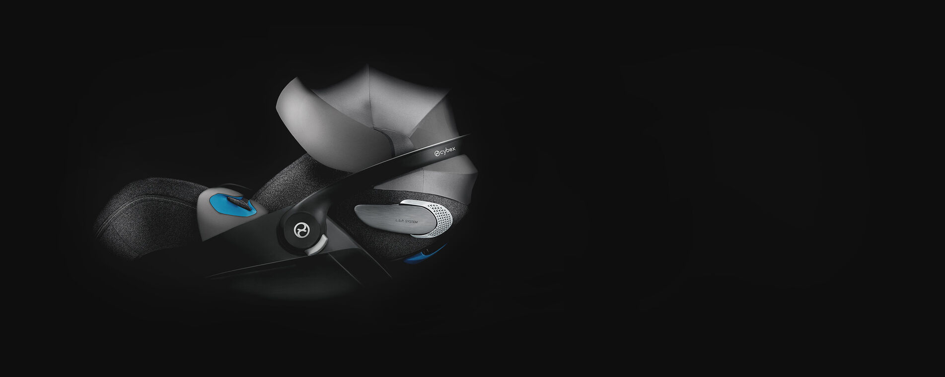 Cybex car seat with L.S.P. system, on a black background, showcasing the innovative headrest and safety features
