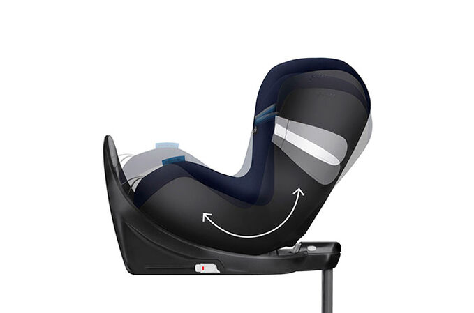 An image of the CYBEX Gold Sirona M2 i-Size Toddler Car Seat, highlighting the One-hand recline function feature.