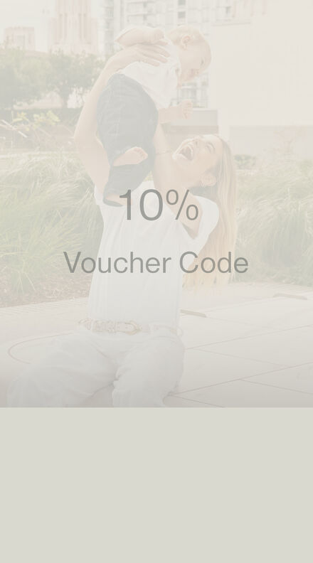 10% Voucher reward featuring a mother joyfully lifting her baby outdoors, with &ldquo;10% Voucher Code&rdquo; text displayed prominently.