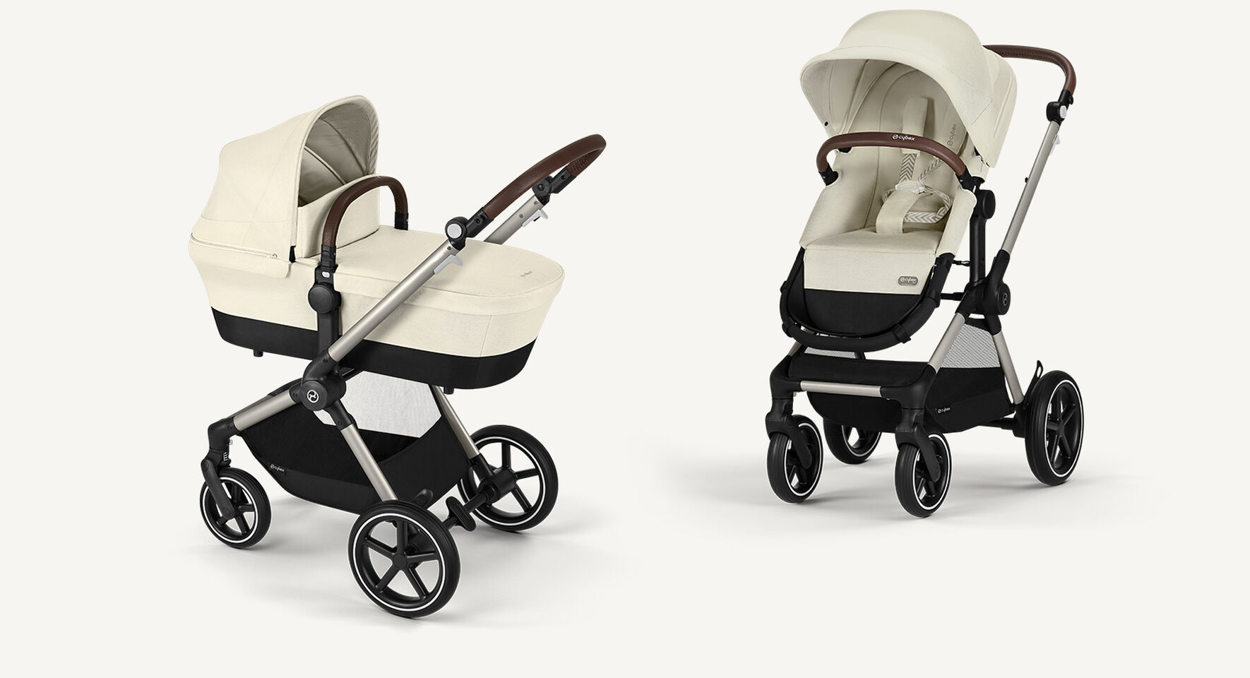 Product shots of a Eos Lux stroller in Seashell Beige, on the left cot mode, on the right seat mode.