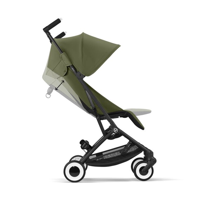 An image of the CYBEX Gold Libelle Buggy, highlighting the Infinite Recline & Adjustable Leg Rest feature.