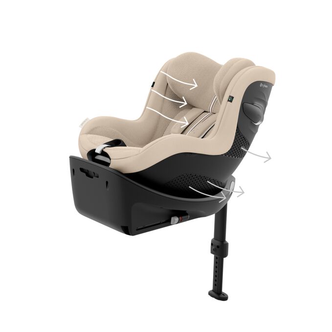 An image of the CYBEX Gold Sirona G i-Size Toddler Car Seat, highlighting the Optimal breathability feature.