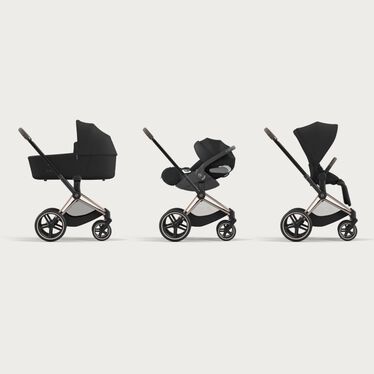 An image of the CYBEX Platinum Priam Frame Stroller, highlighting the Travel System Ready feature.