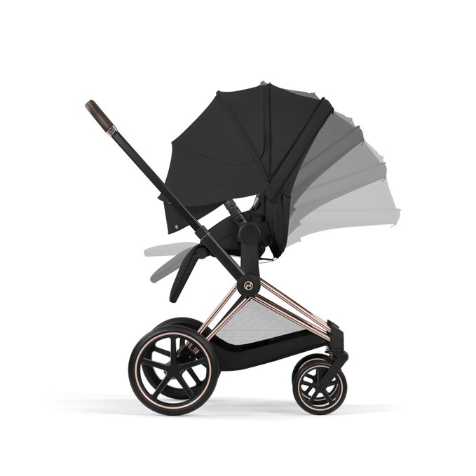 Afbeelding van de CYBEX Platinum Priam Stroller, met de nadruk op de functie Ergonomic Lie-Flat with XXL Extendable Canopy.