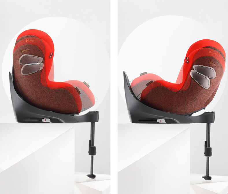 Sirona Z car seat in red and brown, mounted on a base with adjustable recline.