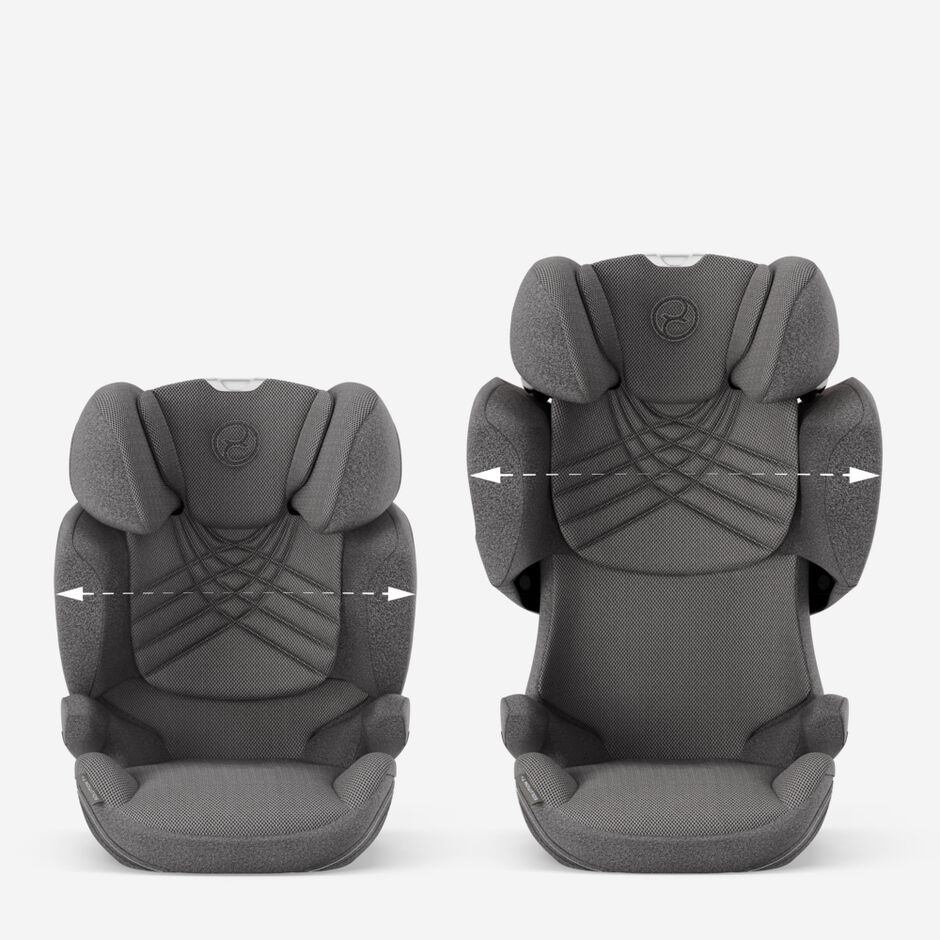 An image of the CYBEX Platinum Solution T i-Fix Child Car Seat, highlighting the Grows in height and width, up to approx. 12 years feature.