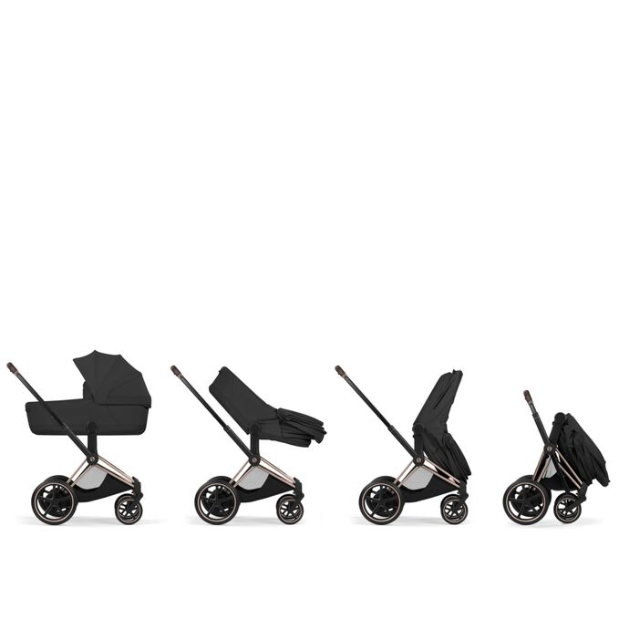An image of the CYBEX Platinum e-Priam Frame - Style Collection Stroller, highlighting the Folds Compact with Cot on Frame feature.