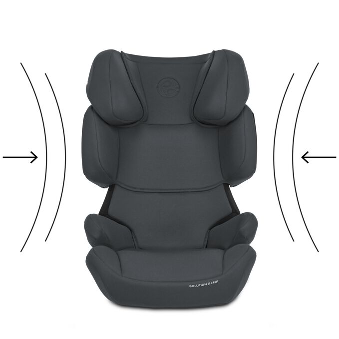 Ein Bild des CYBEX Silver Solution X i-Fix Child Car Seat, das das Merkmal Reduziert Seitenaufprallkräfte hervorhebt.