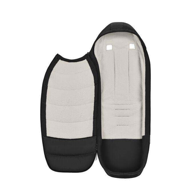 Ein Bild des CYBEX Platinum Platinum Fußsack Accessories for Strollers, das das Merkmal Vierwegreißverschluss hervorhebt.
