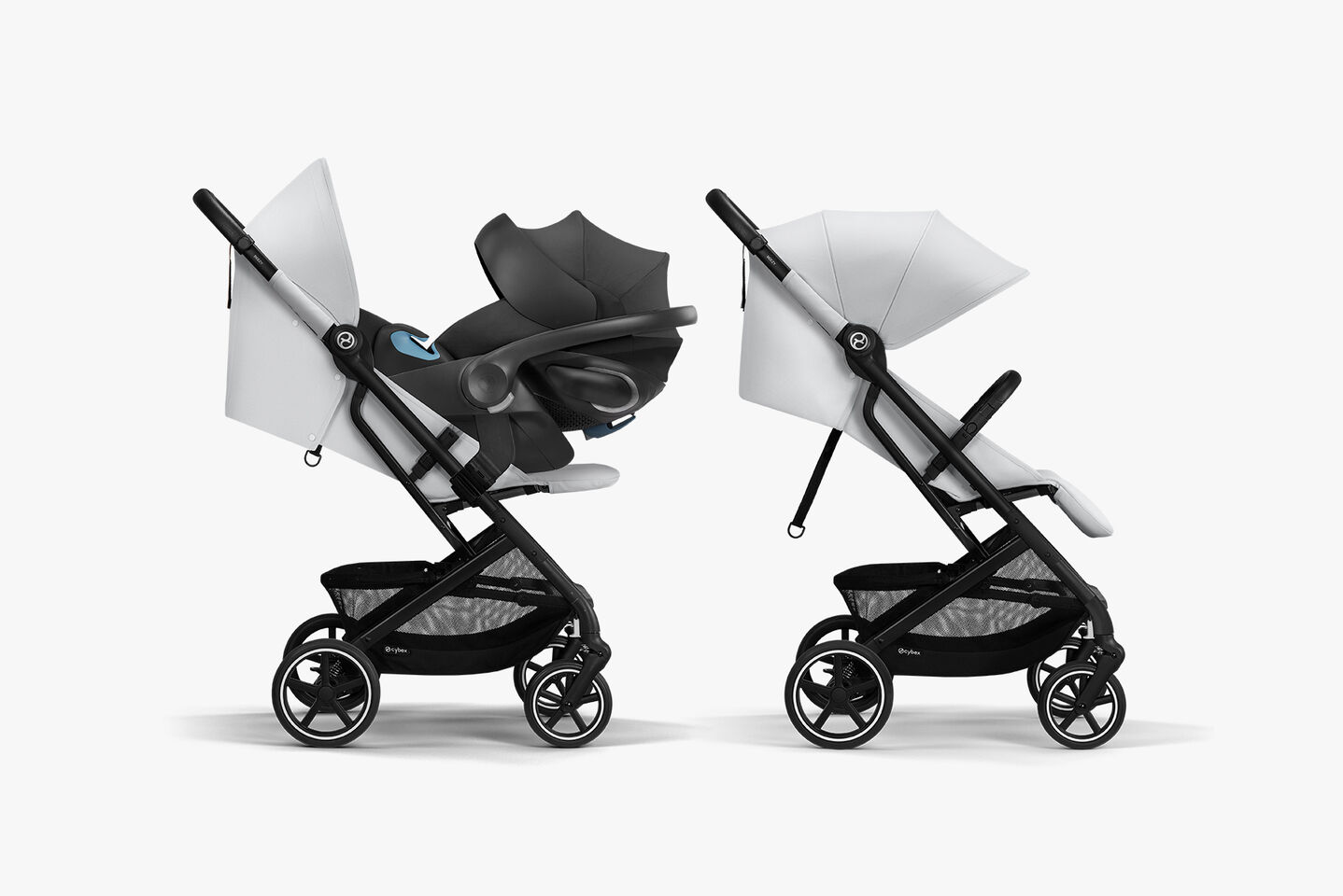 Beezy lightweight compact stroller, two different positions, one with car seat and one with sunshade