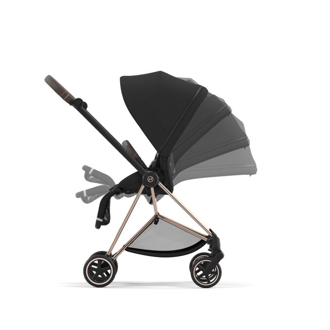 An image of the CYBEX Platinum Mios Jeremy Scott - Car Stroller, highlighting the One-hand Recline and Fold feature.