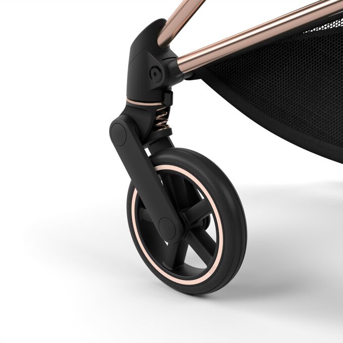 An image of the CYBEX Platinum Mios Jeremy Scott - Wings Stroller, highlighting the All-wheel suspension feature.