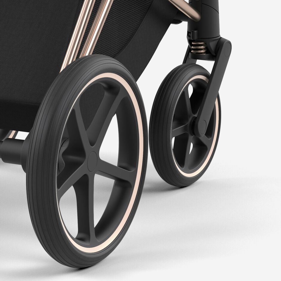 An image of the CYBEX Platinum Priam / e-Priam Seat Pack (2025) Stroller, highlighting the All-wheel Suspension feature.
