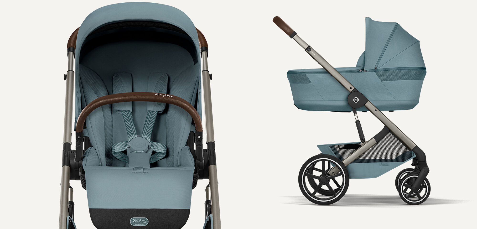 A Balios stroller with a seat pack (left) and a Cot (right) in Stormy Blue.