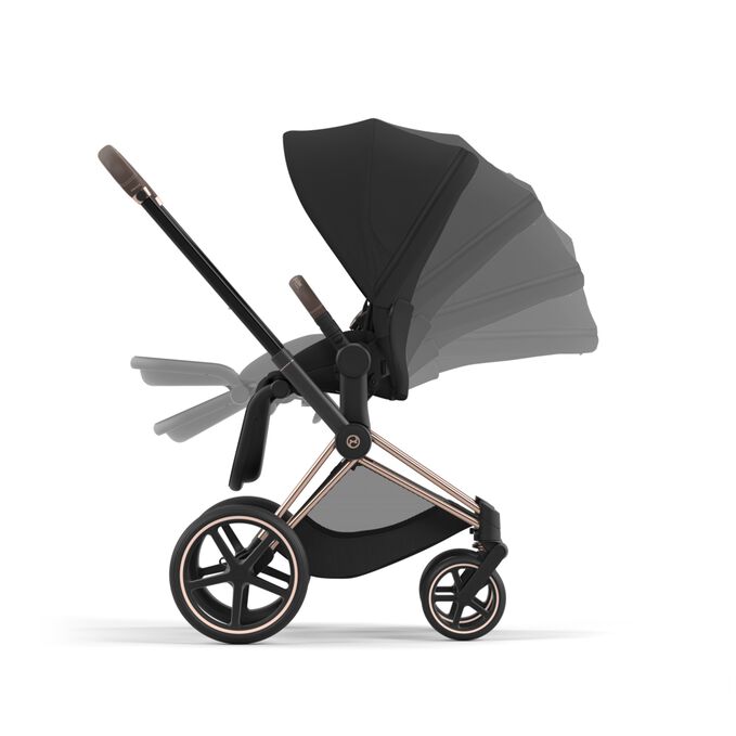 An image of the CYBEX Platinum Priam Seat Pack Stroller, highlighting the One-hand Recline and Fold feature.