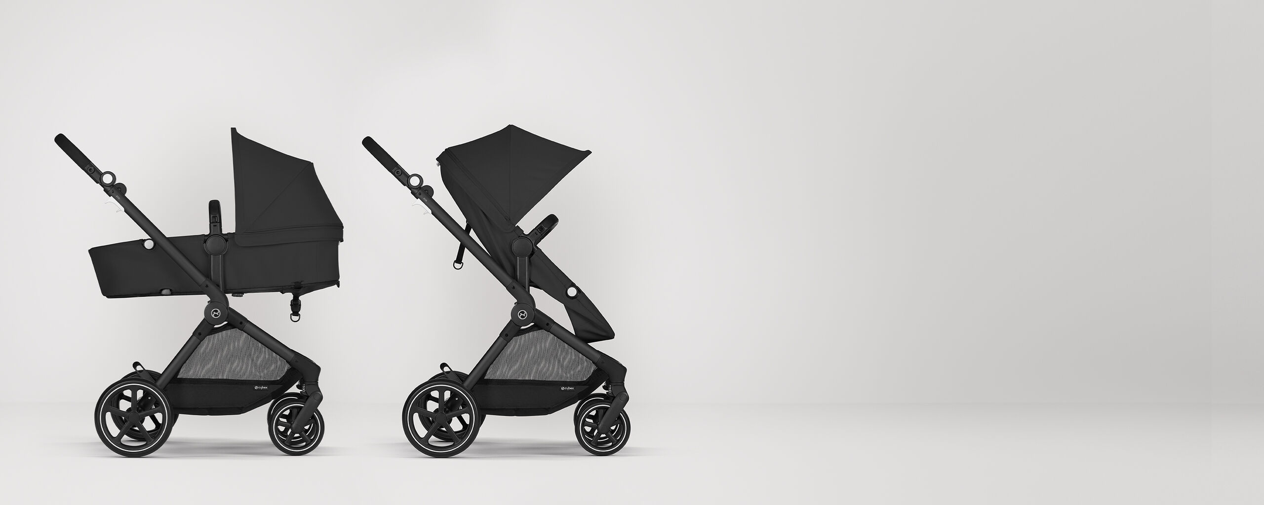 Eos Lux 2 in 1 stroller in two configurations, left as a bassinet and right as a seat buggy.