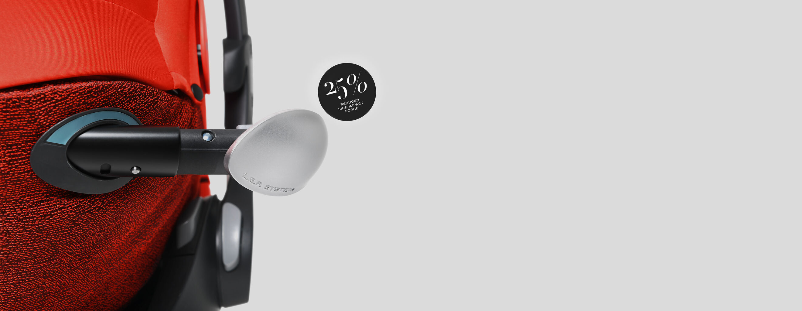 Cloud Q designer infant car seat with side impact protection system reducing impact force by 25%.