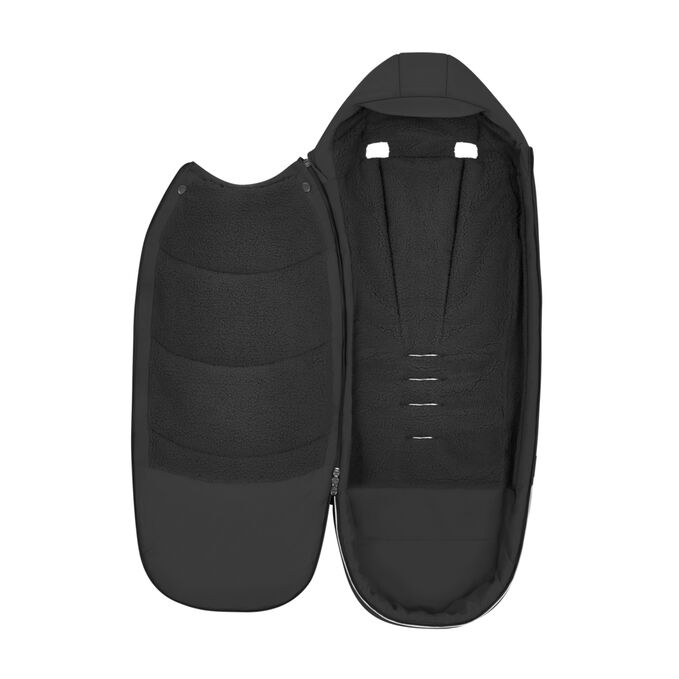 An image of the CYBEX Platinum Platinum Footmuff Accessories for Strollers, highlighting the 4-Way zipper feature.