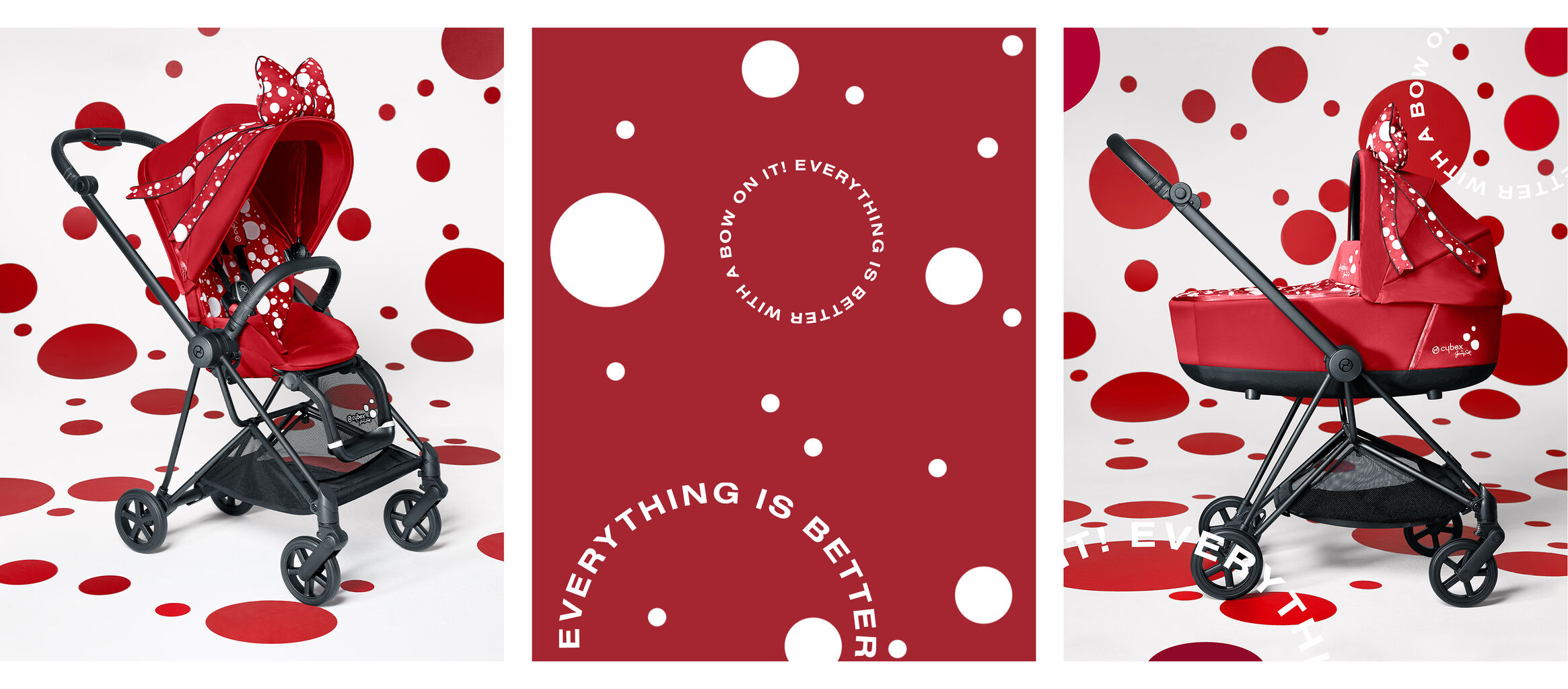 Red stroller with white polka dots and a bow, surrounded by a pattern of red and white dots.