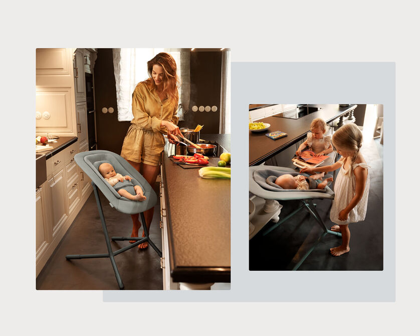 CYBEX Lemo Bouncer Nest mit Baby in der Küche während Mutter kocht