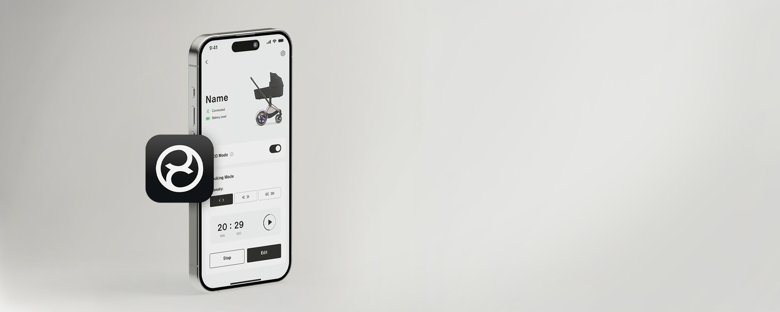 A phone with the CYBEX logo and CYBEX app displayed.