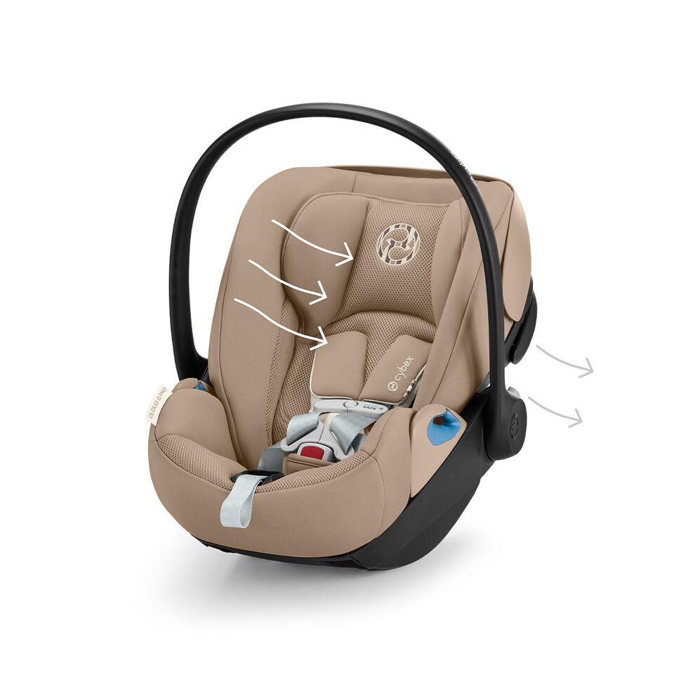 Product shot of a Cloud G infant car seat with white arrows pointing towards it.