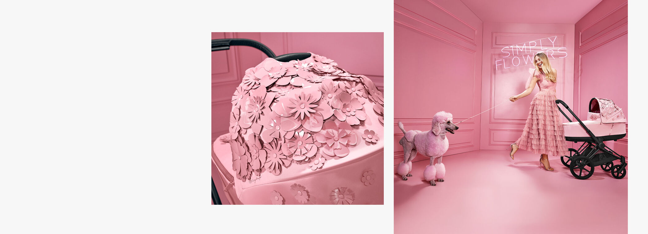 CYBEX ‘Simply Flowers’ campaign shoot: woman in a pink dress with a pink poodle styled in classic poodle fashion, next to a pushchair with petal ornaments in pink. Set against panelled pink walls.