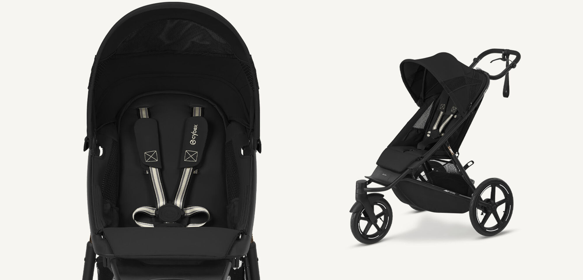 Two product shots of an Avi Spin in Moon Black, on the left, a close-up, on the right, sideview.