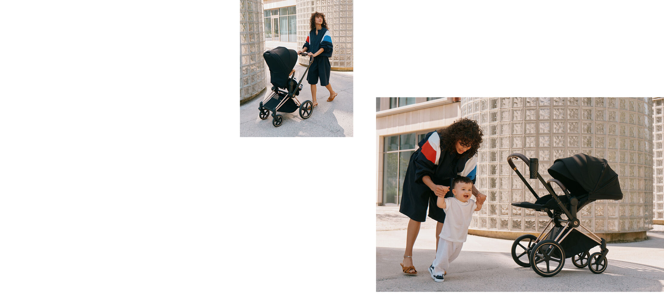 Deux images d&rsquo;une m&egrave;re avec son enfant. Sur l&rsquo;une, elle pousse son enfant dans une poussette CYBEX ; sur l&rsquo;autre, elle l&rsquo;aide &agrave; marcher.