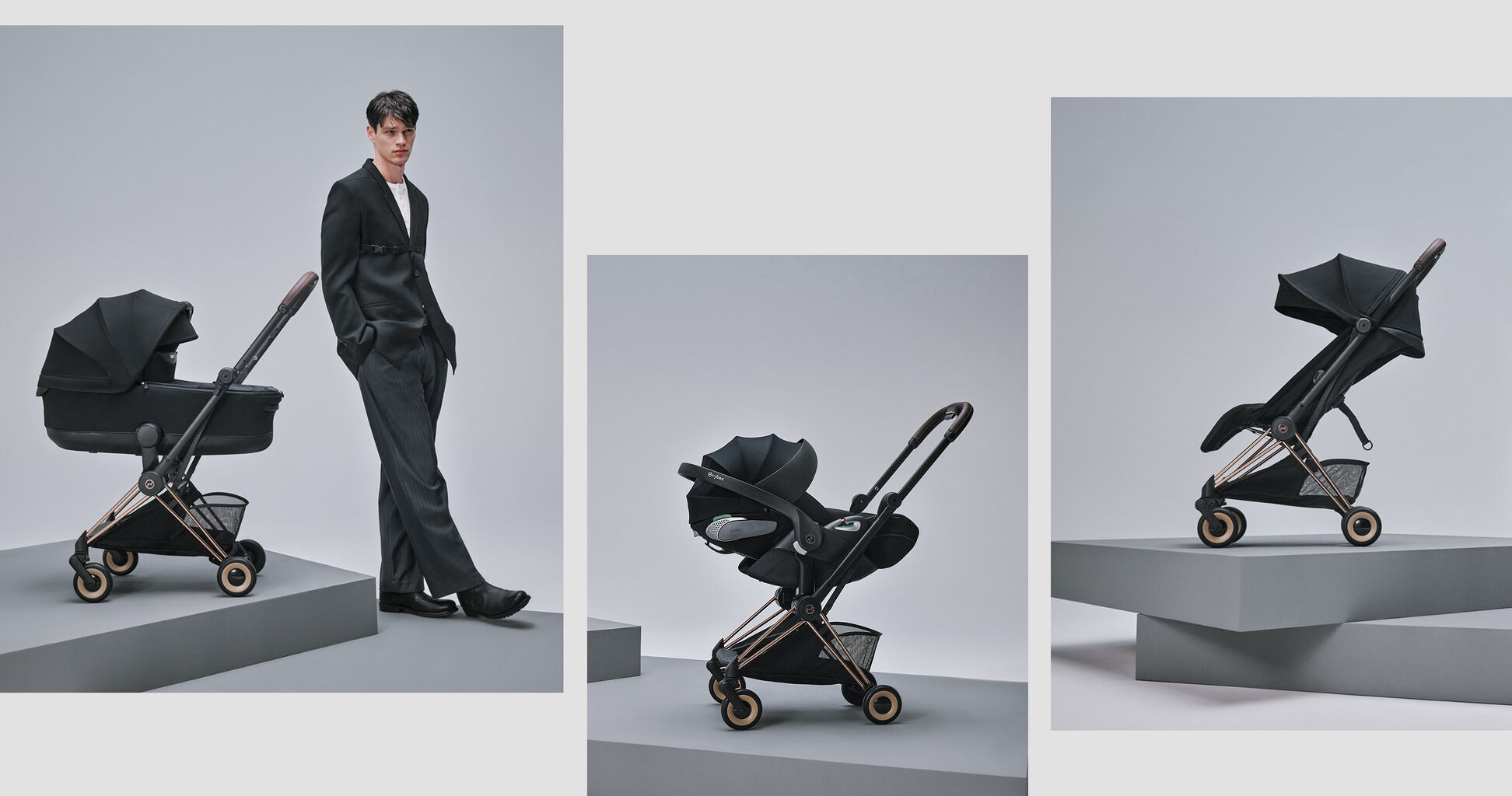 Two images. On the left, a man next to a Co&yuml;a buggy with a Cot attached. On the right, a Co&yuml;a buggy with a Seat Pack attached.