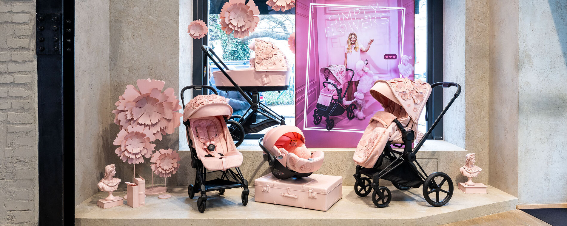 Simply Flowers collection on display in the CYBEX flagship store Prague.