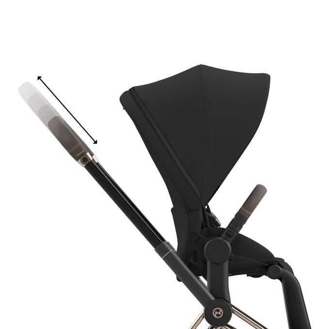 Ein Bild des CYBEX Platinum Priam Jeremy Scott - Wings Stroller, das das Merkmal Einhändig höhenverstellbarer Schiebegriff hervorhebt.