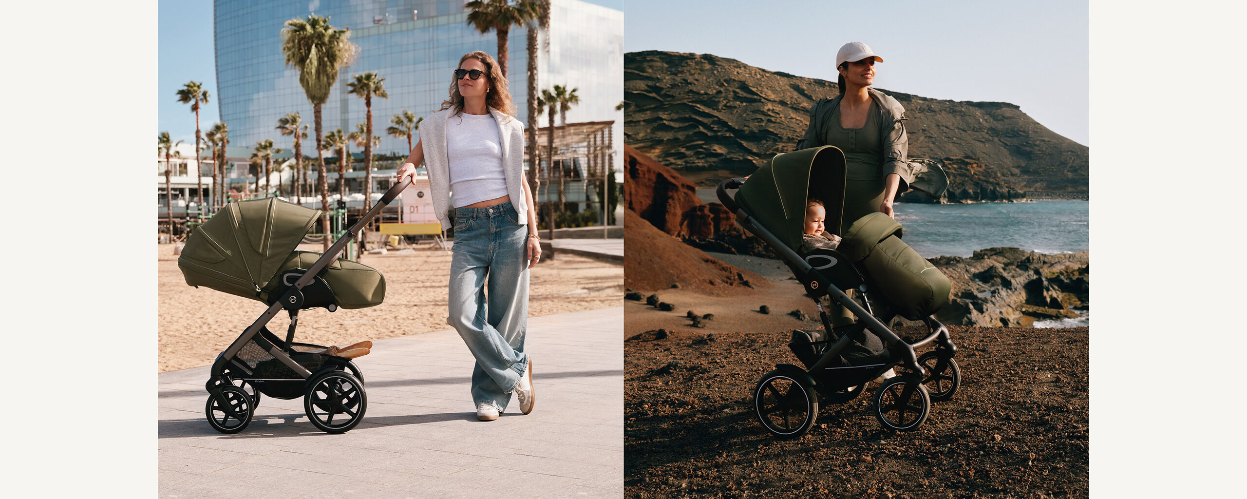 CYBEX stroller duo &ndash; mother holding baby beside two strollers outdoors, one with toddler seat, one with carrycot, in sunny urban scenery