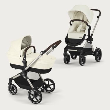 An image of the CYBEX Gold Eos Lux Stroller, highlighting the 2-in-1: Cot to Seat feature.