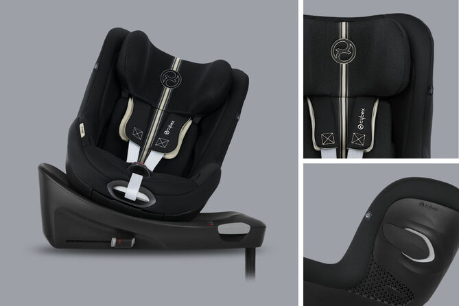 Sirona Gi 360-degree rotating car seat with Isofix in black, showing padding and base details.