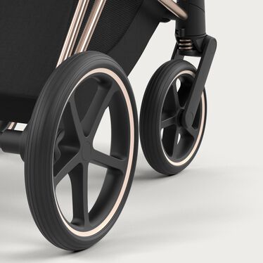 An image of the CYBEX Platinum Priam Frame Stroller, highlighting the All-wheel Suspension feature.