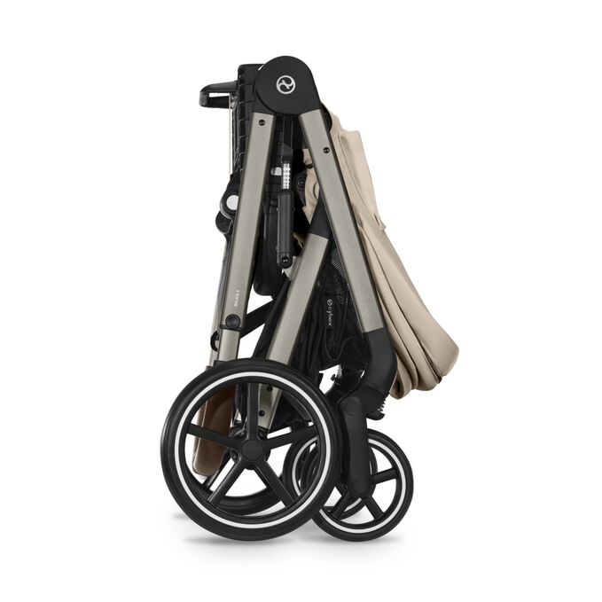 An image of the CYBEX Gold Balios S Lux Stroller, highlighting the One-Hand Fold into Self-Standing position feature.