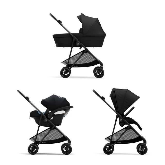 An image of the CYBEX Gold Melio Carbon Stroller, highlighting the Travel system feature.