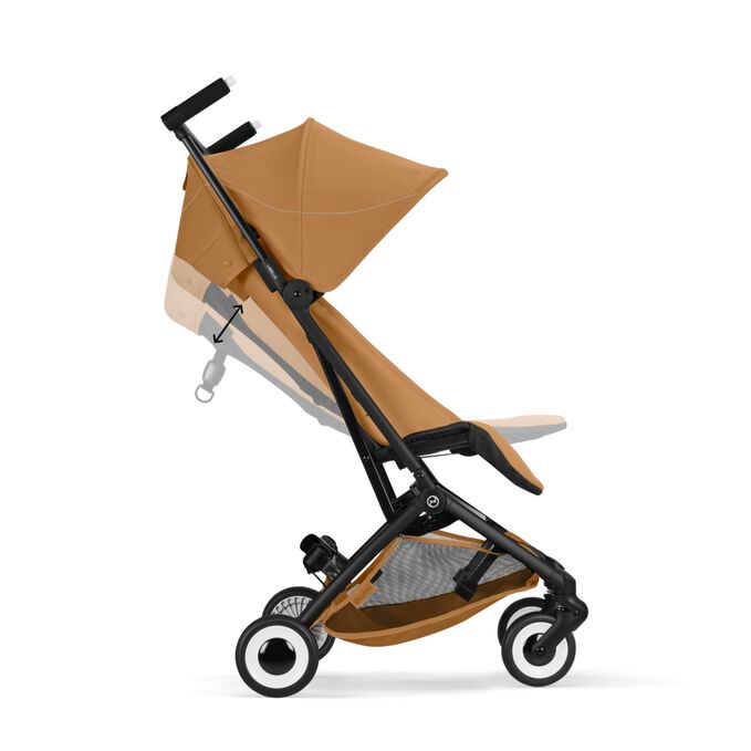 An image of the CYBEX Gold Libelle Stroller, highlighting the Infinite Recline & Adjustable Leg Rest feature.