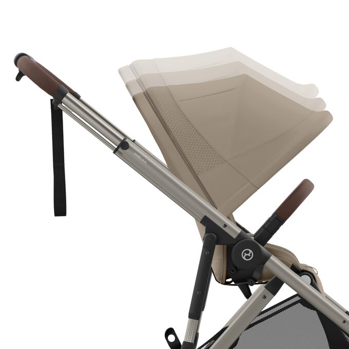 An image of the CYBEX Gold e-Gazelle S Sibling Stroller, highlighting the Height Adjustable Sun Canopy feature.