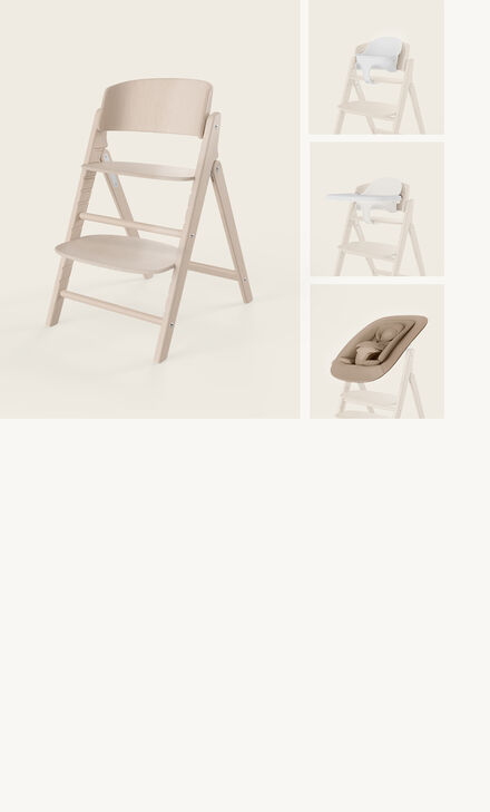 Produktbild eines Click & Fold 4-in-1 Set, links als normaler Stuhl, rechts mit Babyset, Tablett und Bouncer.