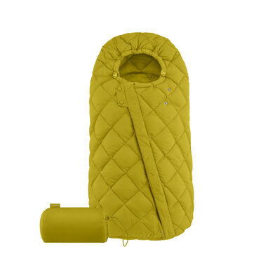 A yellow quilted sleeping bag with a matching stuff sack.