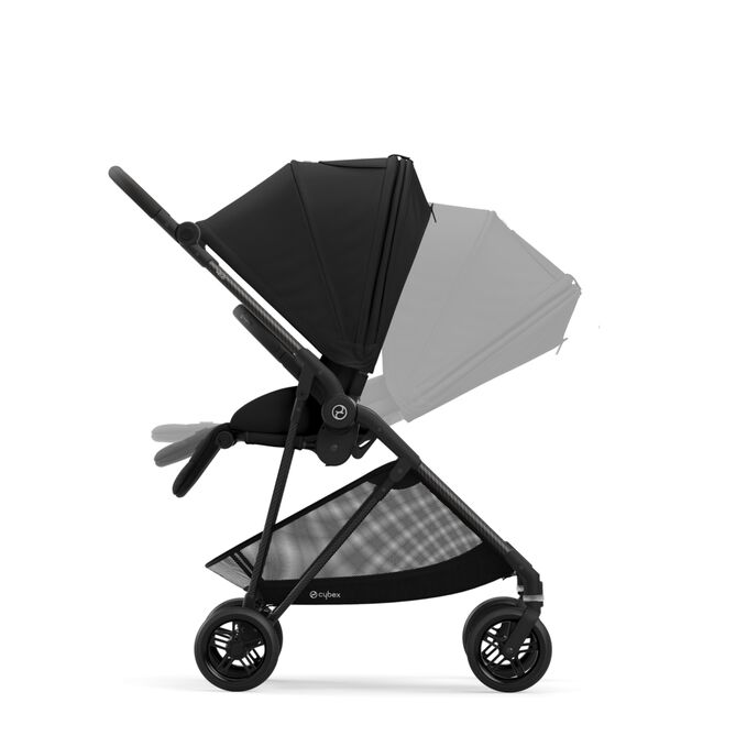 An image of the CYBEX Gold Melio Carbon Stroller, highlighting the One-Hand Recline feature.